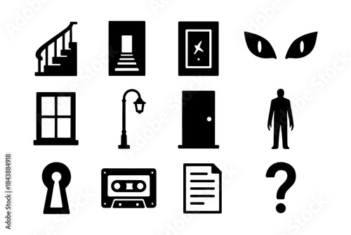 Mystery silhouette set: doors, stairs, and symbols for horror themes