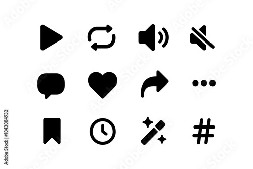 Essential black multimedia and social media icon set for user interfaces