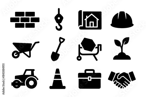 Construction and gardening icons set featuring silhouette tools and equipment for urban development