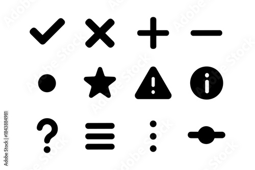 Bold symbol collection featuring checkmark, cross, and alert icons