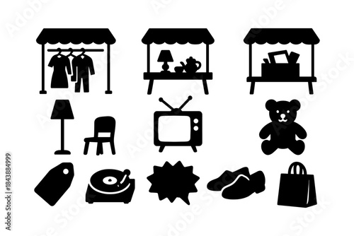 Silhouette icons set featuring market stalls, household items, and vintage electronics