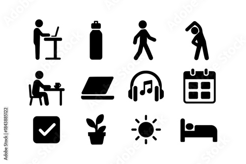 Daily routine icons: exercise, work, leisure, and self-care in modern silhouette design