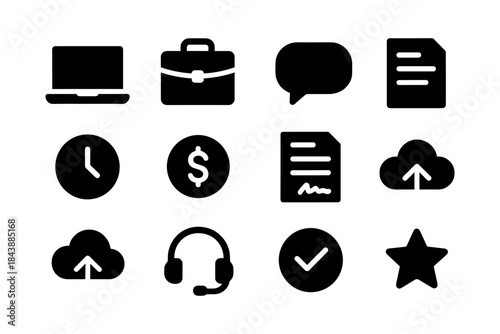 Silhouette business icons set: cloud, communication, finance, and office essentials