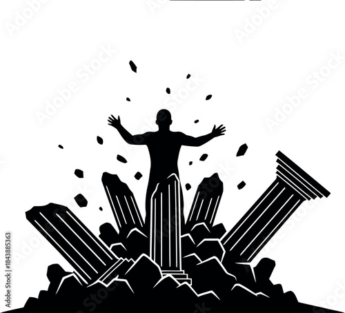 A man standing triumphantly amidst rubble and destroyed columns