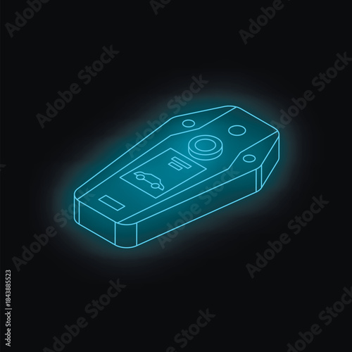 Neon outline of a futuristic car key is glowing blue against a black background, suggesting innovation in vehicle access technology