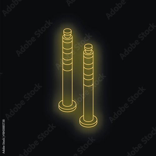 Neon yellow traffic bollards glowing on dark background, providing security and controlling access