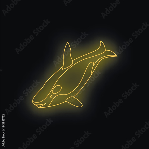 Neon orca whale glowing brightly, swimming underwater in dark ocean depths