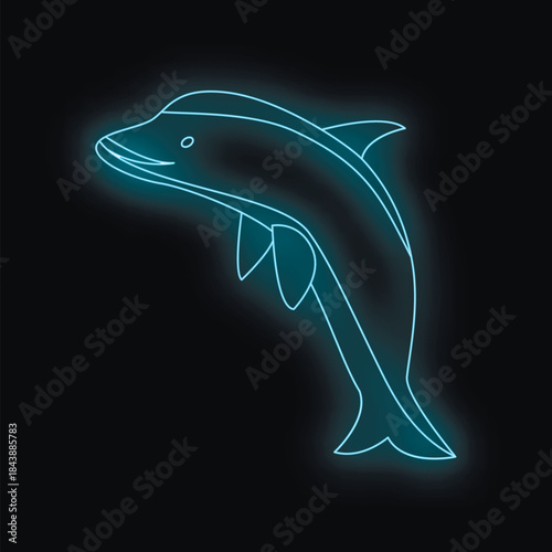 Neon blue dolphin leaping on dark background, glowing marine mammal, simple elegant line art