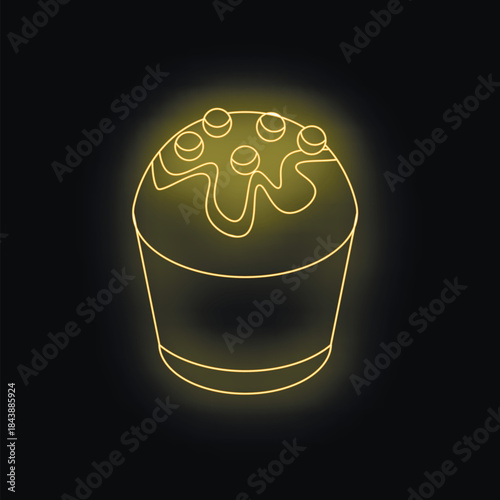 Neon outline of easter cake with icing and sprinkles, glowing on dark background, evokes festive culinary tradition