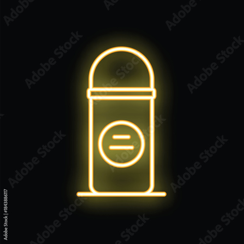 Neon yellow line art icon of a deodorant stick glowing on a black background, perfect for health and beauty concepts