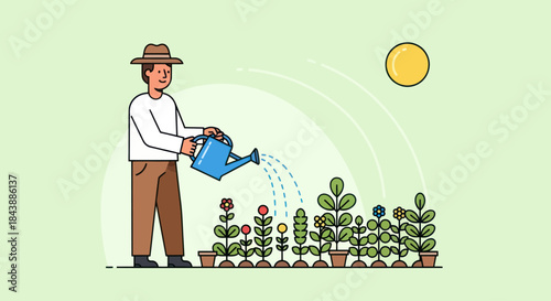 Gardener watering plants in a garden with a watering can.