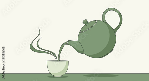 Green teapot pouring hot tea into a cup with steam