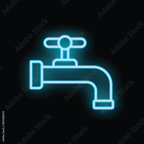 Blue neon water tap glowing in the dark