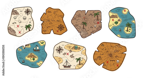 Collection of pirate treasure maps with islands and compasses.