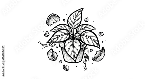 Broken plant pot with houseplant illustration