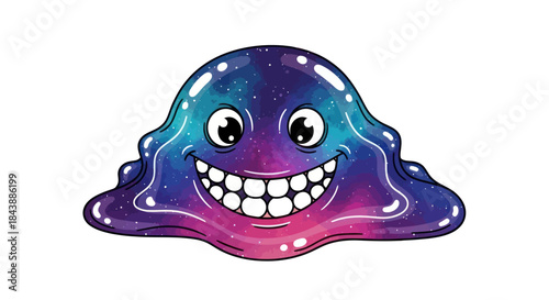 Happy galaxy slime monster with a big smile and cartoon eyes