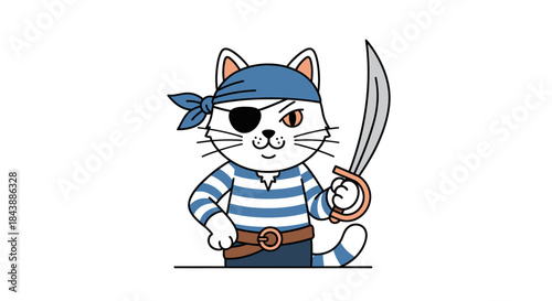 Cute cartoon cat dressed as a pirate, holding a sword.