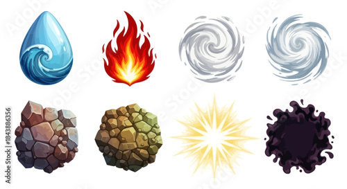 Collection of stylized elemental magic and nature icons