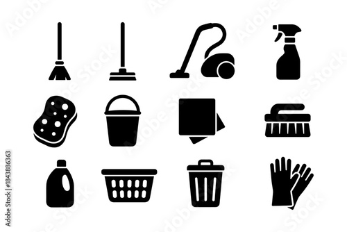 Black silhouette icons of cleaning supplies and tools for household chores