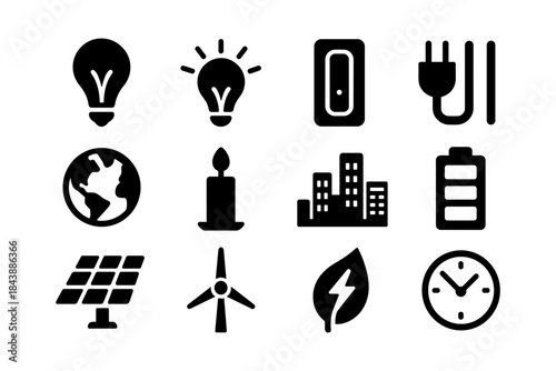 Energy and environment icons: light bulb, solar panel, battery, more