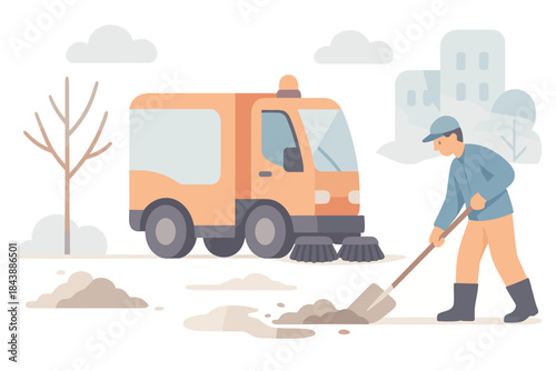 Urban street sweeping scene with worker and truck in minimalist pastel art style