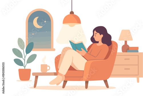 Cozy evening reading at home with moonlit view in minimalist style