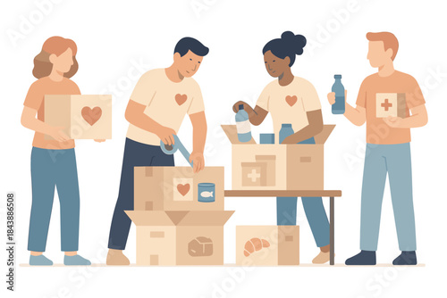 Diverse group volunteering with food donations in community center