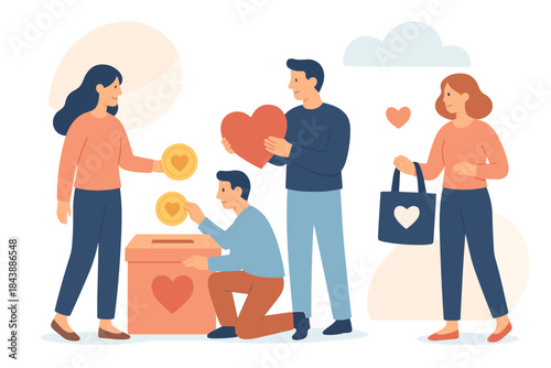 Community giving with heart: diverse people in flat design engaging in charitable acts