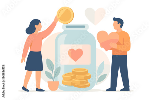 Couple donating to charity with heart symbols and coin jar in soft flat style