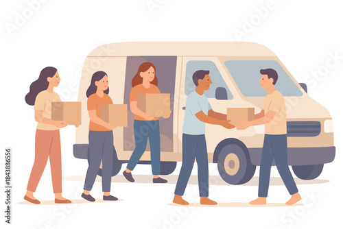 Community effort: people collaborating to load a delivery van with packages