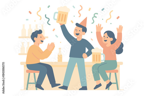 Celebratory bar scene with friends enjoying beer in festive flat design