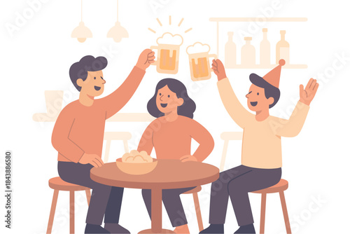 Friends celebrating with beers in a cozy bar