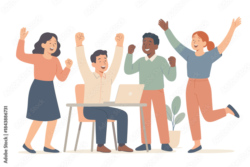 Naklejka premium Happy team celebrating success at work with laptops and high fives