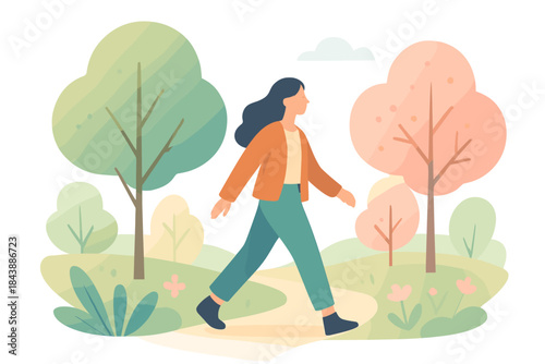 Woman walking in peaceful park with trees and nature in flat style