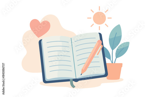 Open notebook with pencil and plant in minimalist flat design