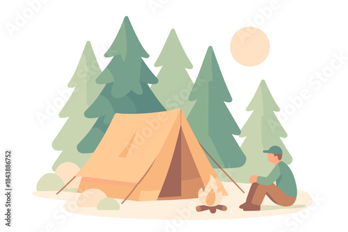 Peaceful campground scene with tent and campfire in serene forest setting
