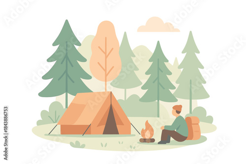 Outdoor adventure scene with camper and tent in tranquil forest setting