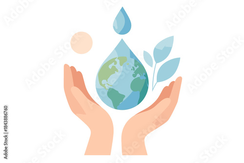 Eco-friendly concept with hands holding a water drop and earth inside