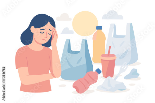 Environmental concern: woman and plastic waste pollution concept in flat design