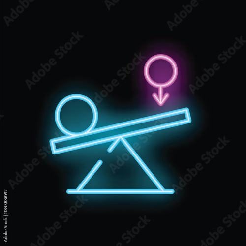 Neon blue seesaw showing the difference between men and women with a man going up and a woman going down