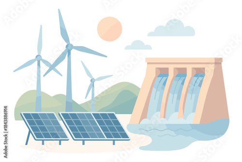 Renewable energy sources featuring wind turbines, solar panels, and hydroelectric dam in a flat style