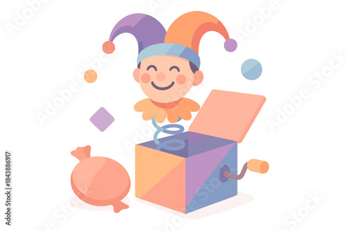 Playful surprise with smiling jester in a colorful box springing to life