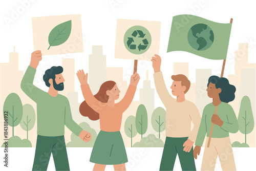 Eco activism in the city: diverse individuals hold sustainable icons and earth flag in flat design