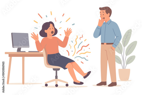 Colleagues reacting to exciting news at the office workspace