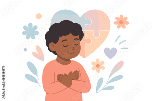 Mindfulness and inner peace: child practicing gratitude with heart and puzzle motif