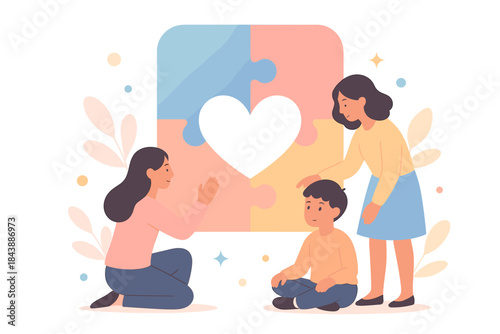 Family bonding concept with puzzle heart symbol showing togetherness and connection