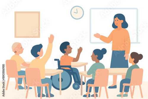 Diverse classroom scene with teacher and attentive students engaged in learning