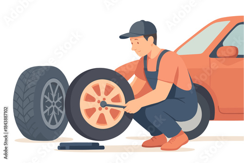 Mechanic changing car tire in flat style illustration with tools and wheels