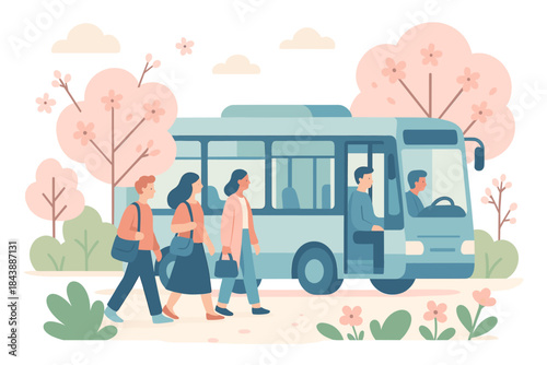 People using public transport amid blossoming spring scenery