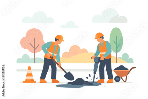Road construction workers with tools in flat style landscape